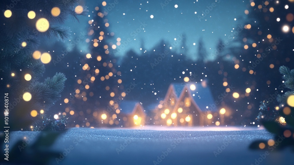 Winter with drifting snowflakes framing vibrant Christmas scene, twinkling lights, glowing decorations. Winter with drifting snowflakes framing vibrant Christmas scene, twinkling lights, glowing decorations.