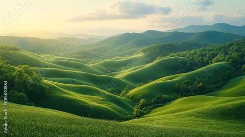 Organic green hills and mountains blend into the hazy dusk, creating an abstract backdrop that suggests the beauty of nature and climate concerns.