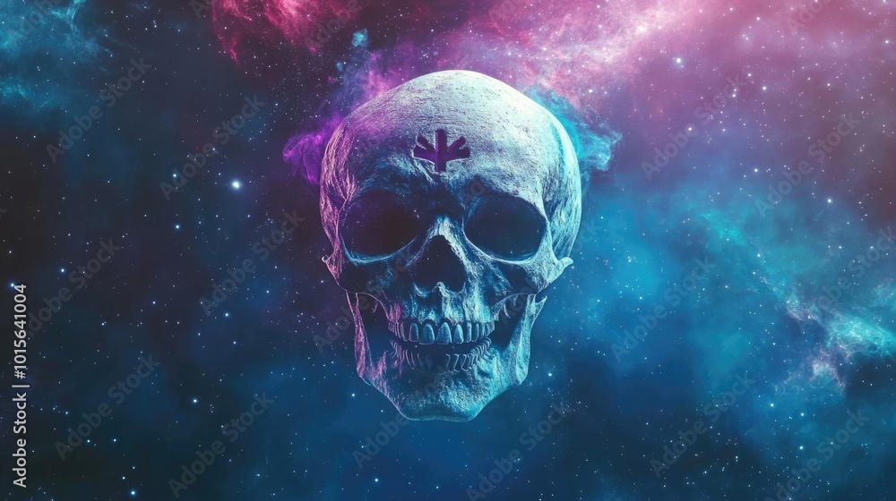 A cosmic skull surrounded by vibrant galaxies and stellar clouds, merging elements of death and the universe's beauty. A cosmic skull surrounded by vibrant galaxies and stellar clouds, merging elements of death and the universe's beauty.
