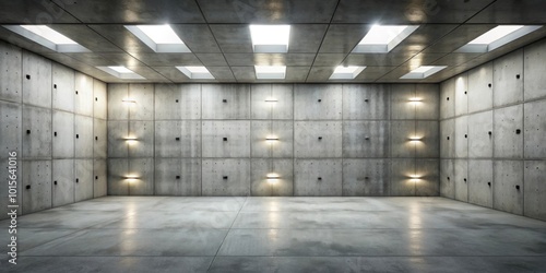 Abstract modern concrete room with multiple ceiling light niches  offset block back wall  and rough floor