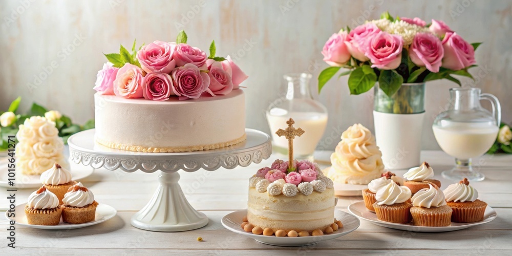 Cake for a first communion celebration surrounded by assorted desserts and adorned with roses , celebration, first communion Cake for a first communion celebration surrounded by assorted desserts and adorned with roses , celebration, first communion