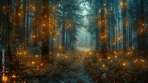 Mystical Forest Path Illuminated by Glowing Butterflies