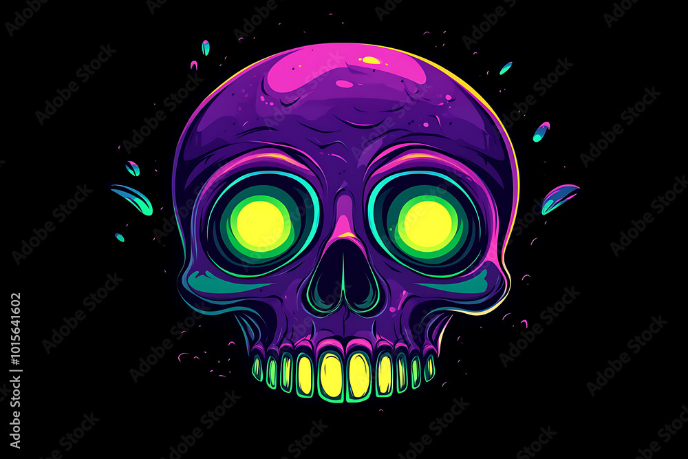 A vibrant, stylized skull with glowing eyes, set against a black background. A vibrant, stylized skull with glowing eyes, set against a black background.