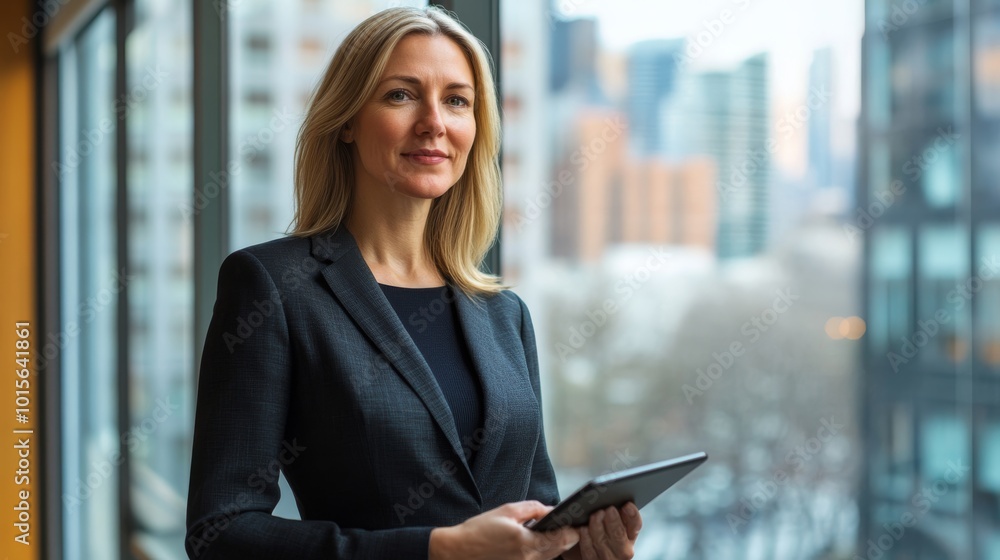 A businesswoman in a tailored suit stands confidently by a window, holding a digital tablet. The blurred city skyline creates a dynamic backdrop, highlighting her professional demeanor A businesswoman in a tailored suit stands confidently by a window, holding a digital tablet. The blurred city skyline creates a dynamic backdrop, highlighting her professional demeanor