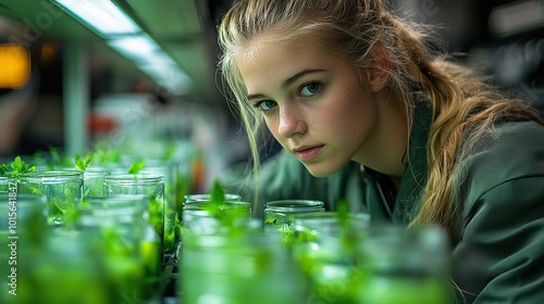 Researchers study algae fuel in a lab, seeking biofuel alternatives to reduce dependence on fossil fuels. photo