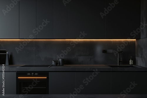 Minimalist black kitchen interior design with matte cabinetry, a built-in oven, and a seamless countertop, enhanced by hidden storage and under-cabinet LED lighting for a futuristic look.