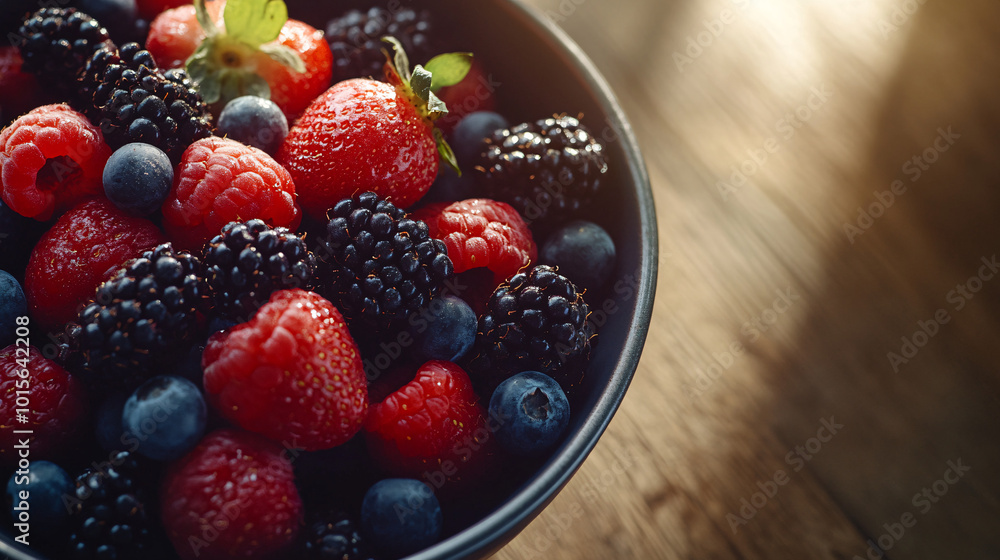 fresh berry mix in a bowl on wooden table top - close up image of red and blue berries - delicious summer food image - dessert - snack - healthy eating - bowl of berries - fruit fresh berry mix in a bowl on wooden table top - close up image of red and blue berries - delicious summer food image - dessert - snack - healthy eating - bowl of berries - fruit