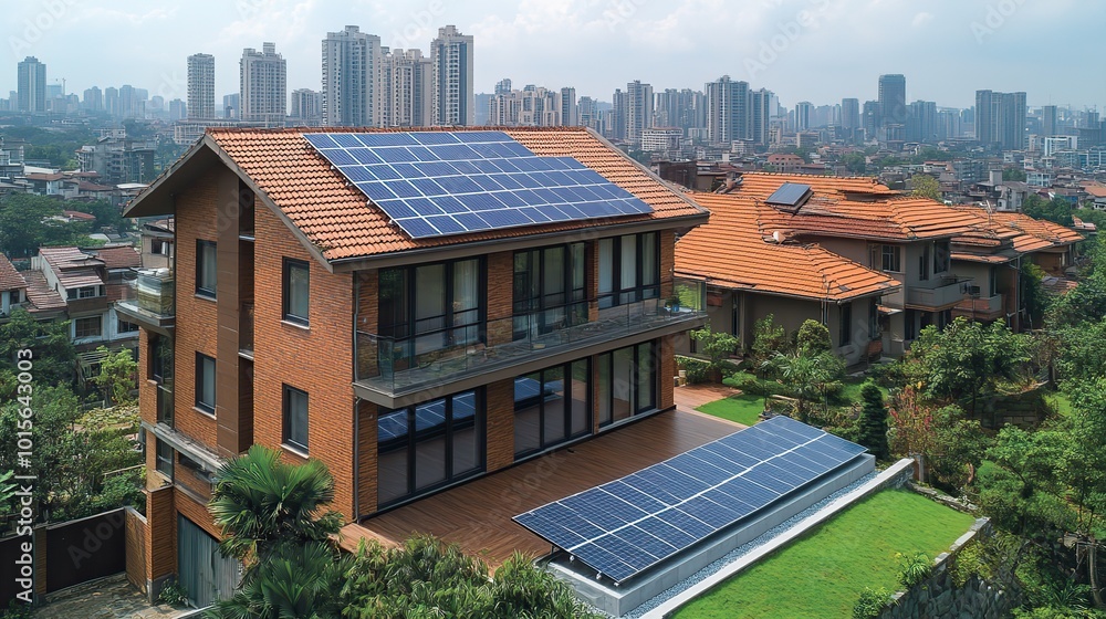 Naklejka premium Solar panels are becoming a prominent clean energy source as technicians actively install them in urban areas.