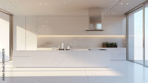 Sleek, all-white kitchen with a minimalist aesthetic, featuring handle-less cabinets, a glass backsplash, and a large island with high-tech induction cooktop and touch controls.