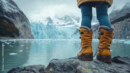 Standing on a rock formation, a woman looks at the Perito Moreno Glacier, contemplating the awe-inspiring beauty of the ice landscape.
