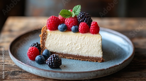 A slice of cheesecake with a graham cracker crust topped with fresh raspberries, blueberries, and blackberries on a blue plate.