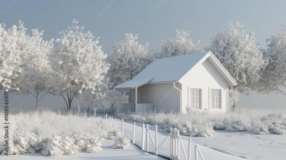 A peaceful 3D-rendered winter scene of a cozy cottage nestled among snow-covered trees. The soft light and serene atmosphere make this tranquil setting perfect for evoking warmth and comfort amidst a A peaceful 3D-rendered winter scene of a cozy cottage nestled among snow-covered trees. The soft light and serene atmosphere make this tranquil setting perfect for evoking warmth and comfort amidst a