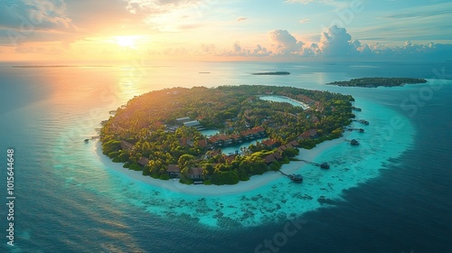 Fototapeta Naklejka Na Ścianę i Meble -  The capital city of the Maldives, Male, is seen from above, surrounded by the turquoise waters of the Indian Ocean in a stunning aerial view.