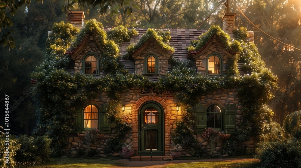 Obraz premium A picturesque cottage with ivy tendrils climbing around the windows and doors, illuminated by warm golden sunlight.