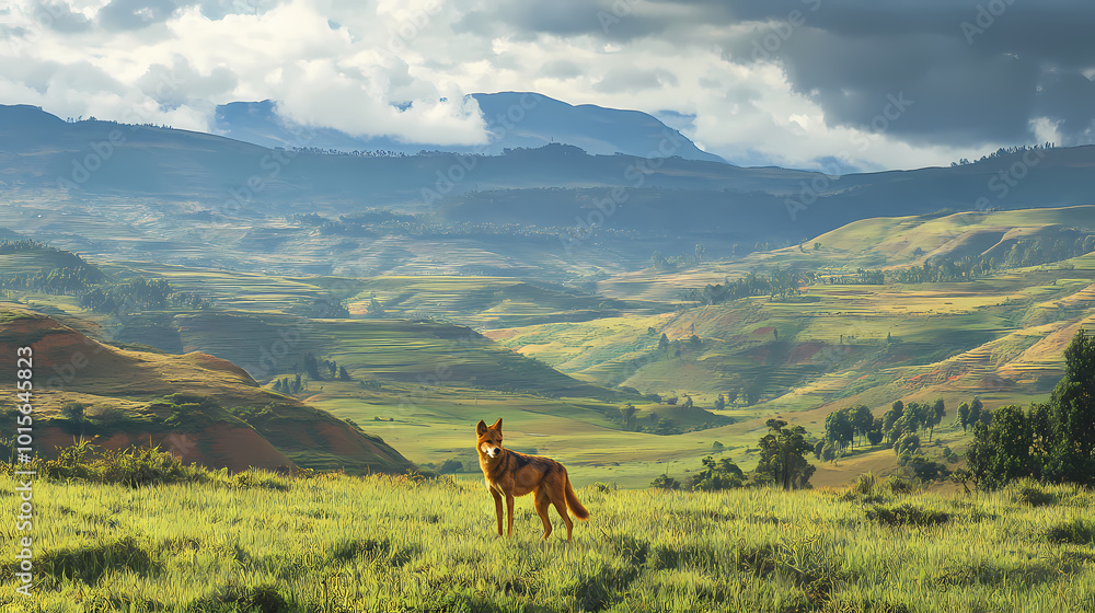Ethiopian wolf thriving in the breathtaking bale mountains highlands. Ethiopian Highlands. Illustration Ethiopian wolf thriving in the breathtaking bale mountains highlands. Ethiopian Highlands. Illustration