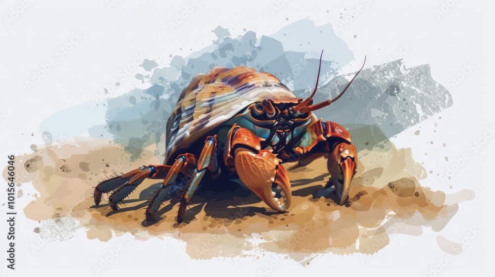 Obraz premium a hermit crab on a beach flat design top view shell seeker theme water color Triadic Color Scheme