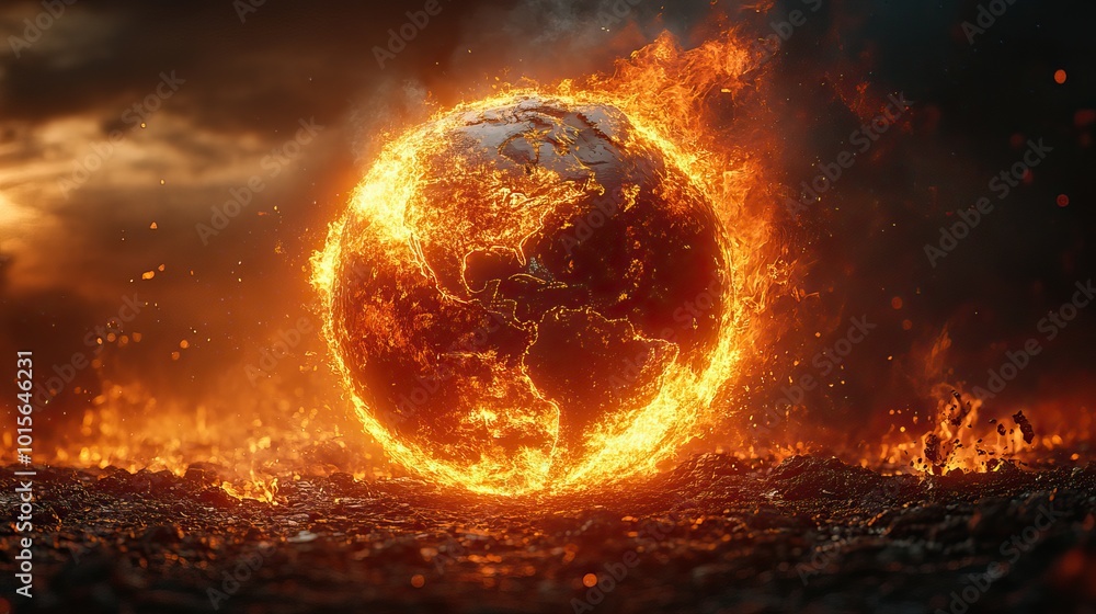 The image of a burning globe stands as a powerful representation of global warming and environmental degradation. The image of a burning globe stands as a powerful representation of global warming and environmental degradation.