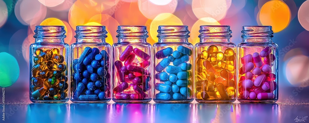 Colorful Collection of Pills in Glass Jars Colorful Collection of Pills in Glass Jars