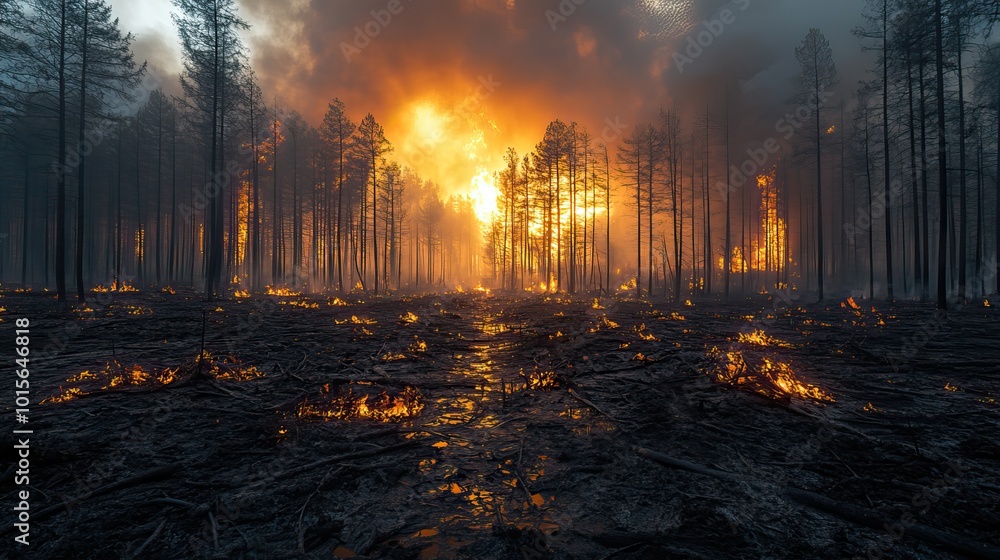 The remnants of a once-vibrant forest stand charred after a destructive wildfire swept through the area. The remnants of a once-vibrant forest stand charred after a destructive wildfire swept through the area.