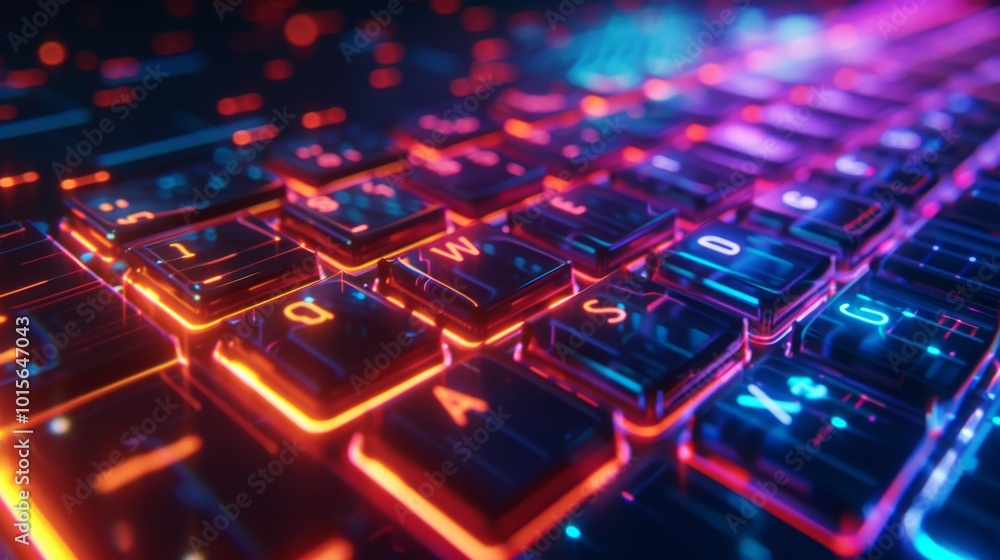 A striking close-up of a keyboard with vibrant neon lighting, showcasing glowing keys in shades of blue, pink, and orange. Ideal for technology, digital communication, or futuristic design themes. A striking close-up of a keyboard with vibrant neon lighting, showcasing glowing keys in shades of blue, pink, and orange. Ideal for technology, digital communication, or futuristic design themes.