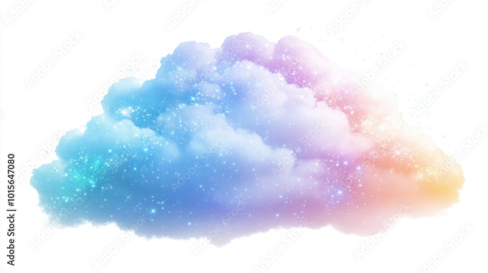 Fototapeta premium Dreamy pastel rainbow cloud with shimmering sparkles, isolated on white