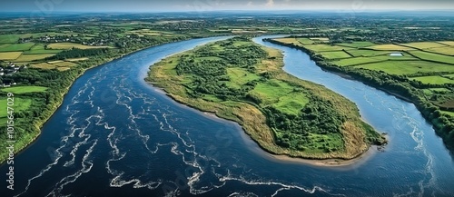 The River Bann in Northern Ireland is seen from above, its waters flowing from Lough Neagh through the port town of Kilrea. photo