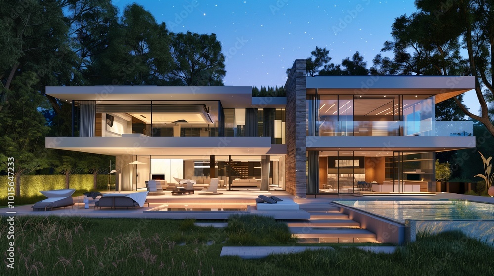 Fototapeta premium A lavish modern mansion with a flawless integration of interior and exterior areas.