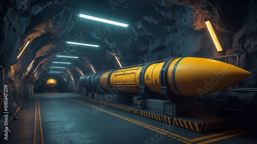 A futuristic missile inside a dimly lit underground tunnel.