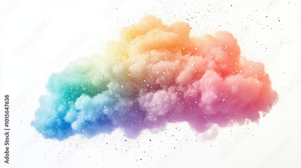 Fototapeta premium Dreamy, sparkly rainbow cloud with soft colors and glittery details, isolated on white