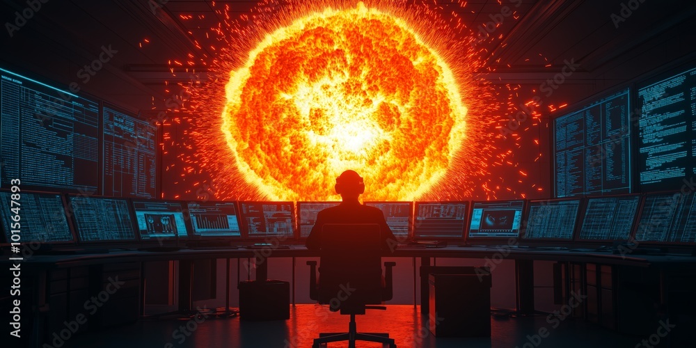 Fototapeta premium Person in control room observing a bright sun explosion on computer screens.