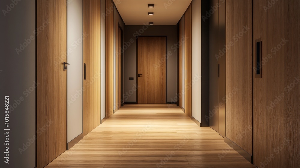 Modern Hallway with Wooden Doors and Floor Modern Hallway with Wooden Doors and Floor
