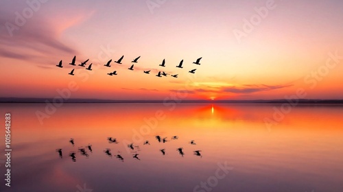 A flock of birds fly over a still lake during a vibrant sunset.