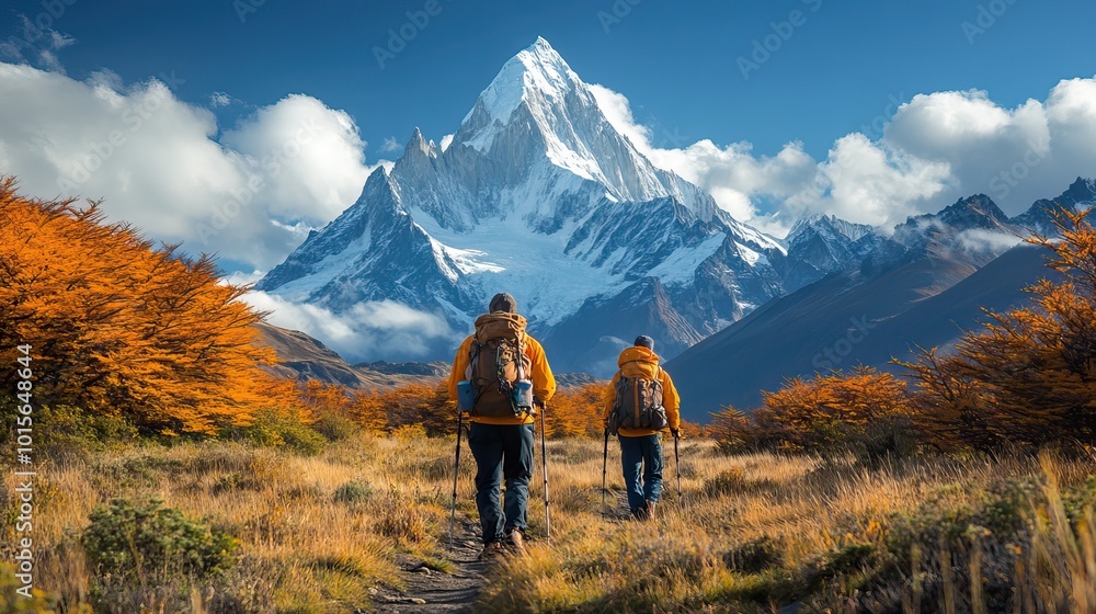 Obraz premium Trekking through rugged trails with scenic views of towering mountain peaks and remote landscapes is a challenging yet rewarding outdoor adventure.