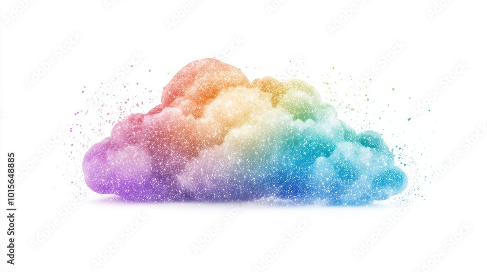 Fototapeta premium Shimmering rainbow cloud with glitter and sparkling edges, isolated on a white background