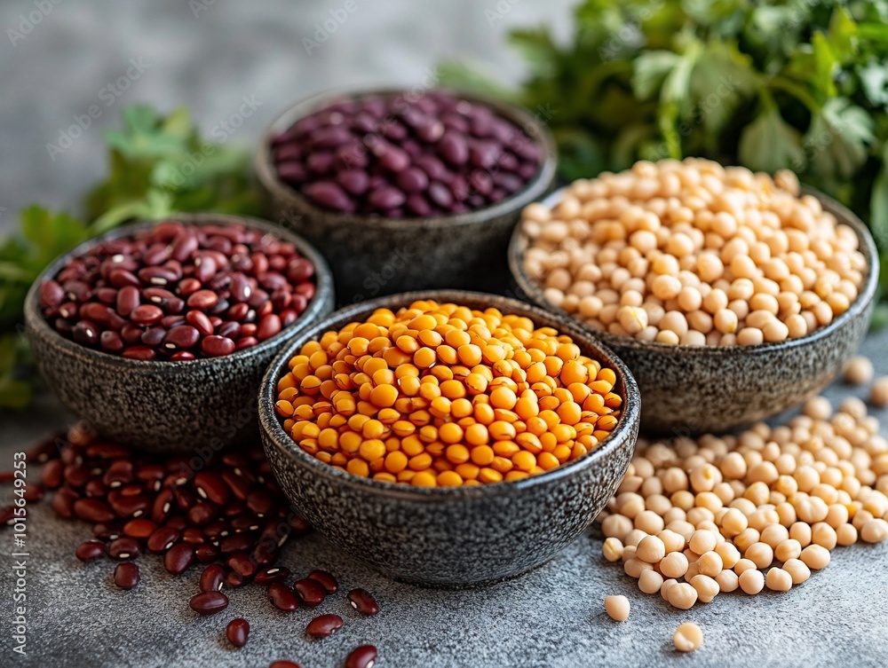 Four bowls of assorted beans and lentils. Four bowls of assorted beans and lentils.