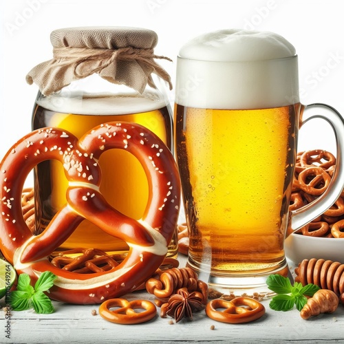 a freshly baked pretzel and a glass of beer The pretzel is salted and golden brown, while the beer is served in a classic glass mug isolated white background photo