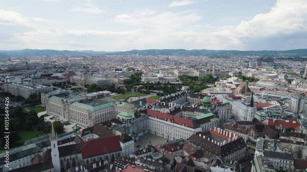 Aerial of Vienna highlighting Heldenplatz and the Hofburg complex within the cityscape. Austria Aerial of Vienna highlighting Heldenplatz and the Hofburg complex within the cityscape. Austria