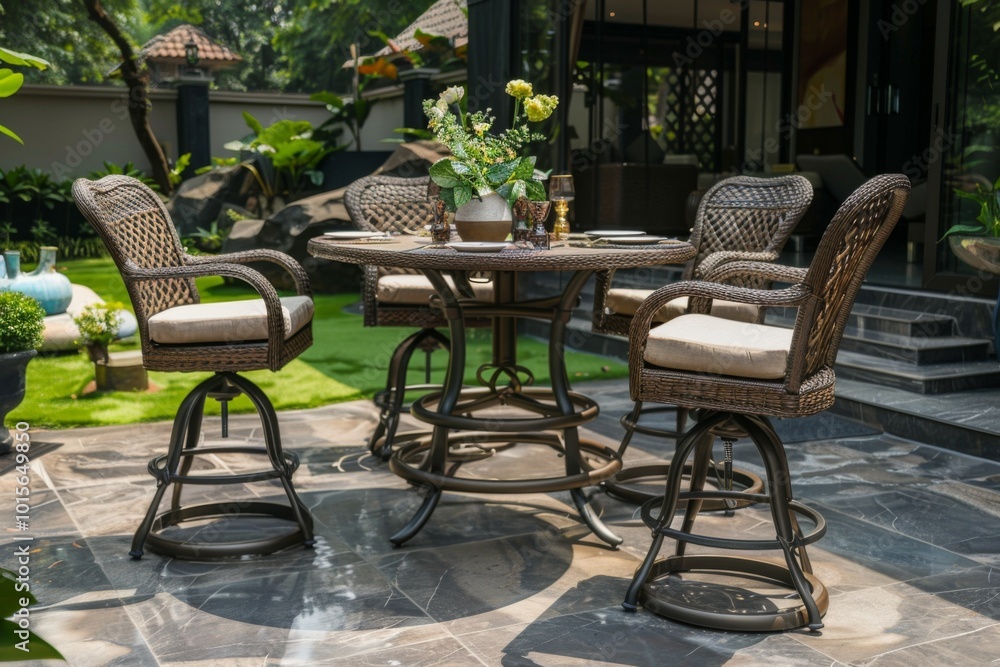 Fototapeta premium Elegant 5-Piece Patio High Top Dining Set with Swiveling Chairs and Square Glass Table for Backyard