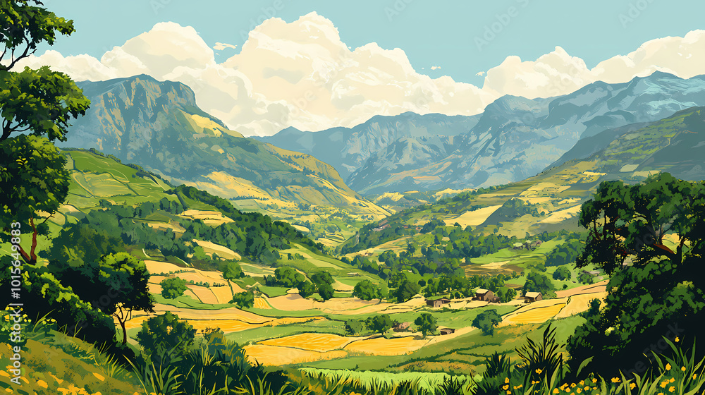 Obraz premium Ethiopian highlands' mountains, fields, and hills. Ethiopian Highlands. Illustration