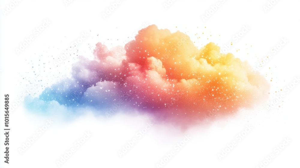 Fototapeta premium Sparkling rainbow cloud with soft gradients and glittery highlights, isolated on white