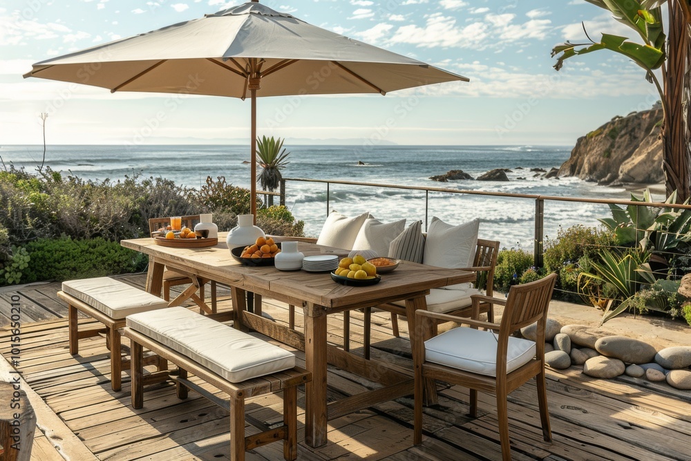 Obraz premium Coastal Dining Table Set with Umbrella and Natural Wood Texture on Ocean-View Patio