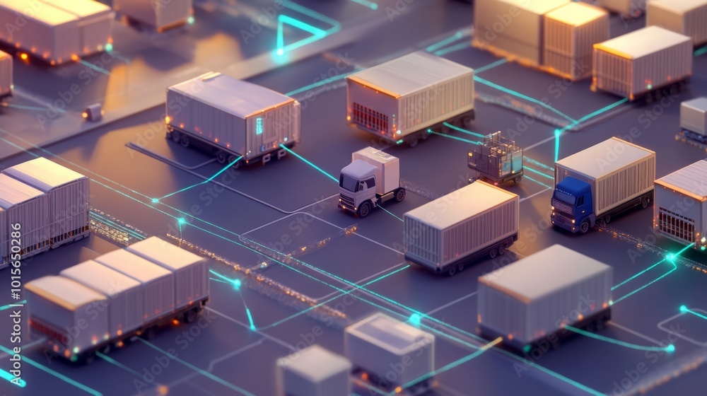 A comprehensive concept of a distribution center and communication network, illustrating the logistics flow and interconnected systems. A comprehensive concept of a distribution center and communication network, illustrating the logistics flow and interconnected systems.