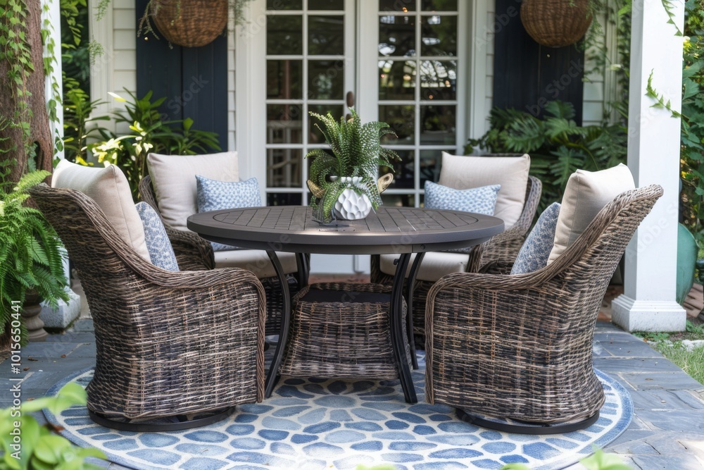 Fototapeta premium Dark Brown Wicker Outdoor Dining Set with Circular Table on Light Blue Patterned Rug