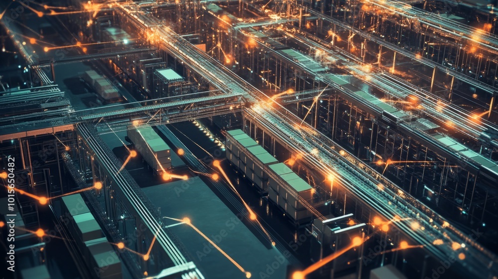 A comprehensive concept of a distribution center and communication network, illustrating the logistics flow and interconnected systems. A comprehensive concept of a distribution center and communication network, illustrating the logistics flow and interconnected systems.