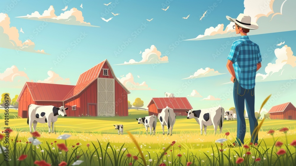 Fototapeta premium Cartoon vector Modern cattle farm scene with cows in spacious barns and robotic milking machines