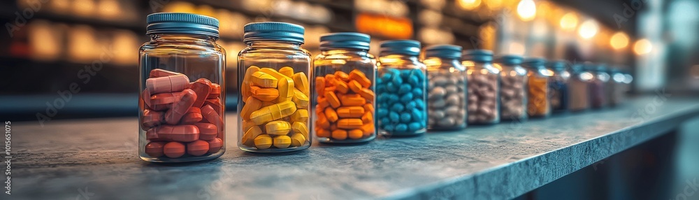 Colorful Pills in Jars on a Shelf in Soft Light Colorful Pills in Jars on a Shelf in Soft Light