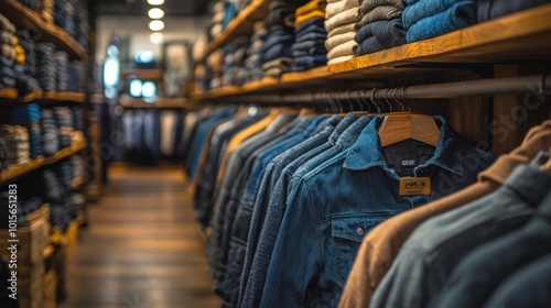 clothes neatly arranged on wooden shelves in a clothing store