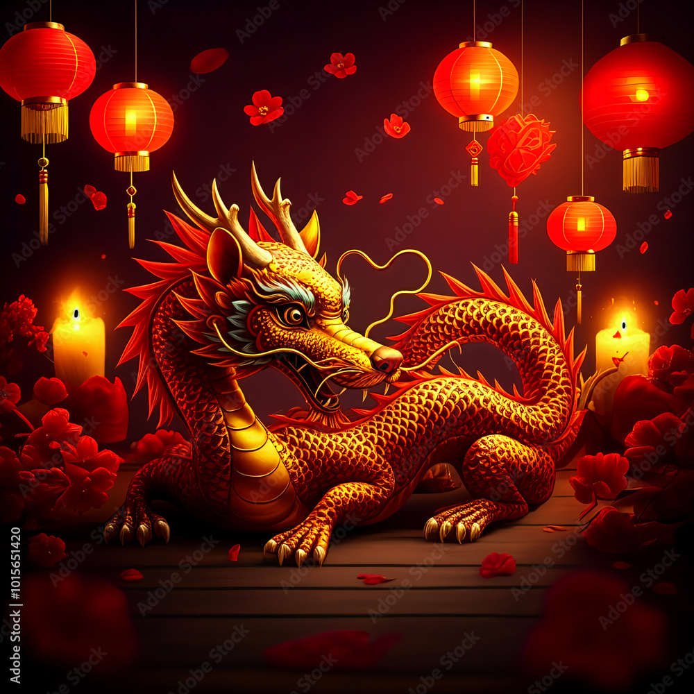 Golden chinese dragon posing on wooden floor with red lanterns. ,Generative AI Golden chinese dragon posing on wooden floor with red lanterns. ,Generative AI