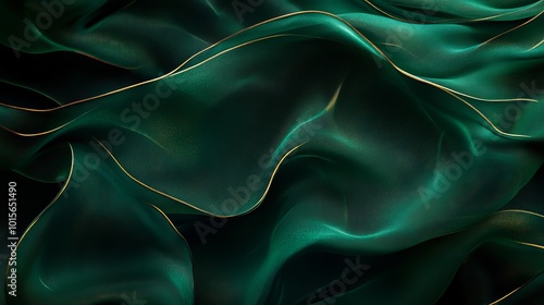 A digital art piece of green silk fabric with golden lines, in an elegant and luxurious style, focusing on the texture and flow of fabrics against a dark background. 