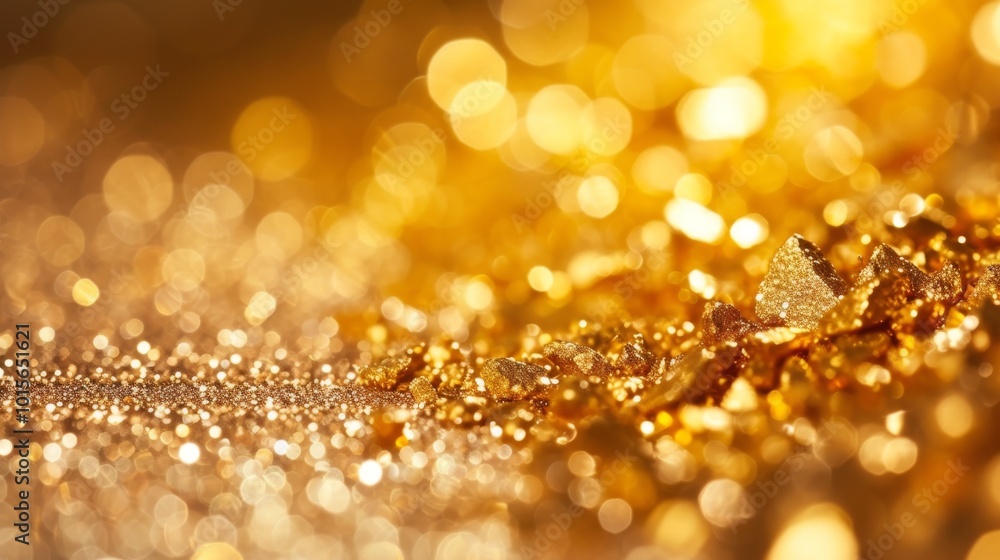 Close-up of golden flakes and glitter spread out, illuminated by soft, warm lighting. The shimmering bokeh effect adds a luxurious and festive feel, making the scene both elegant and celebratory. Close-up of golden flakes and glitter spread out, illuminated by soft, warm lighting. The shimmering bokeh effect adds a luxurious and festive feel, making the scene both elegant and celebratory.